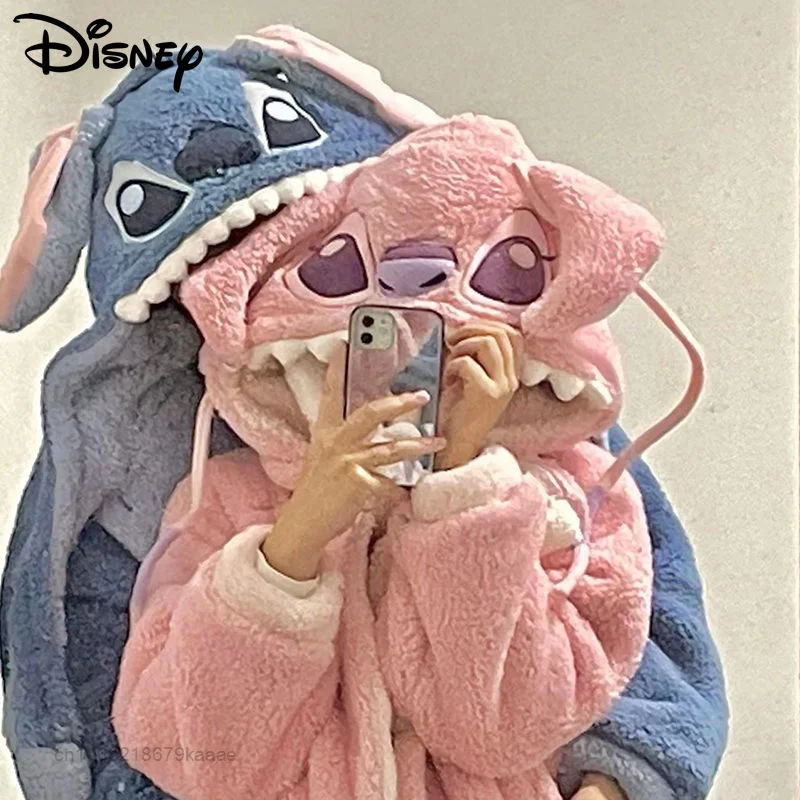 Disney Women And Men\'s Cute Soft Plush Stitch Nightgown Y2k Sweet Cute Cartoon Thick Flannel Robes Casual Bathrobe Home Clothes