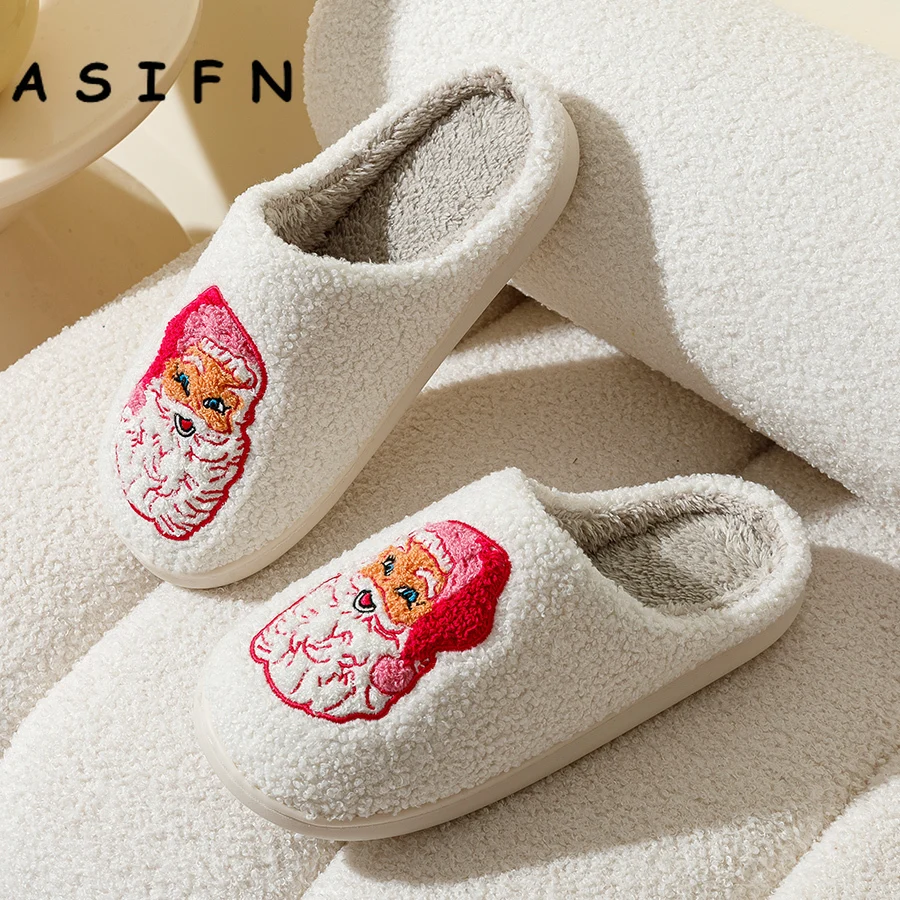 Fashion Winter Christmas Santa Claus Slippers Houseshoes Women Comfy Home Flat Slip-on Bedroom Cute Pink Christmas Party Shoes