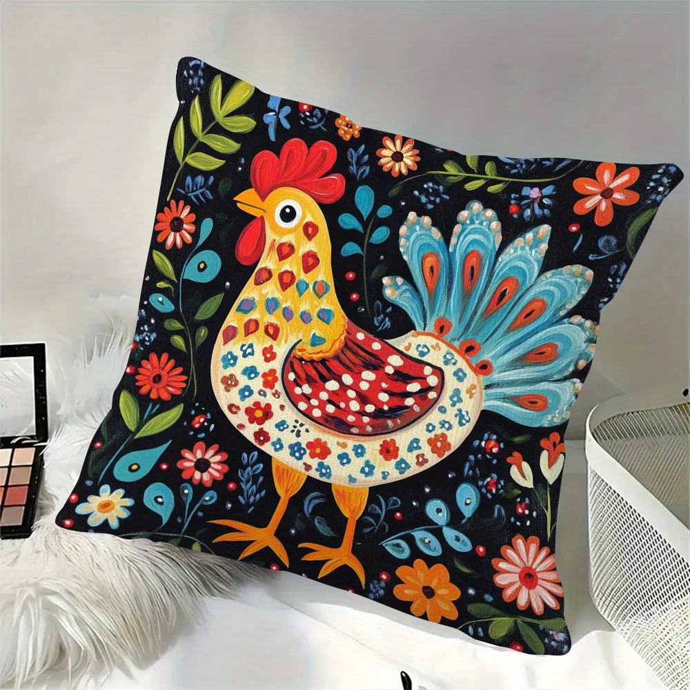 1pc Folk Art Colorful Chicken Floral Printed Throw Pillow Cover, Suitable for Sofa, Bedroom, a Unique Gift for Folk Art Lovers.