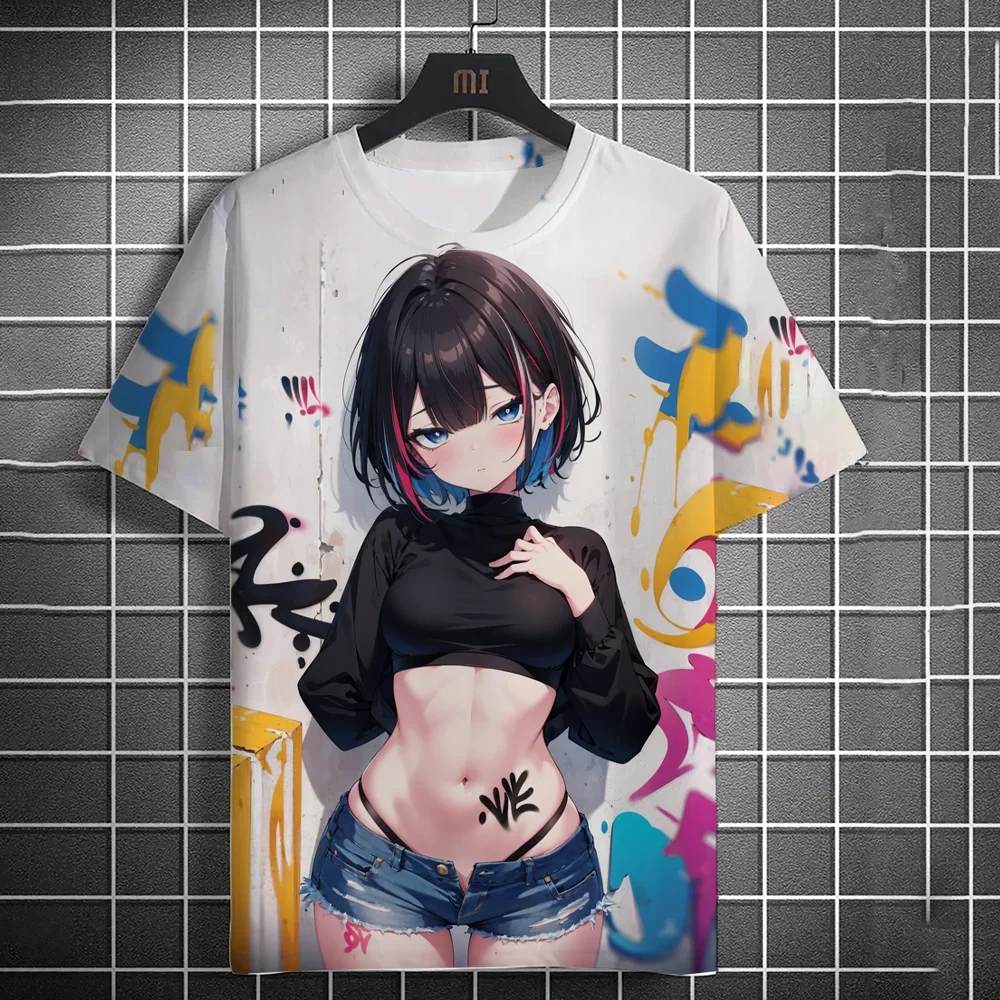 Unisex Y2K-style T-shirt: Featuring anime character graffiti and 3D prints of sexy women—a trendy, poster-style short-sleeve tee