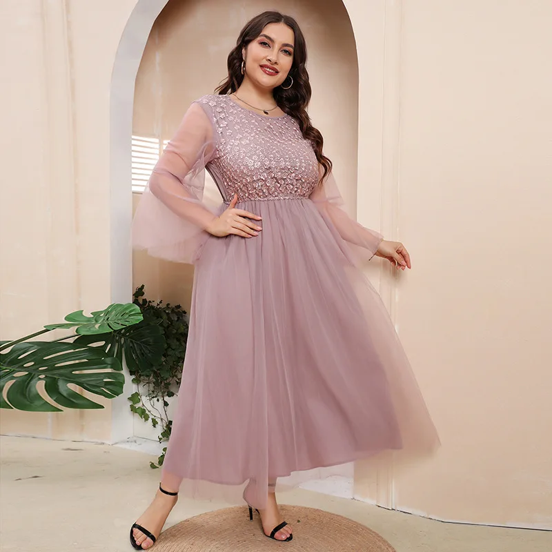 

Large size mesh long-sleeved dress evening dress women's fat banquet party French medium and long dress high-end temperament ele