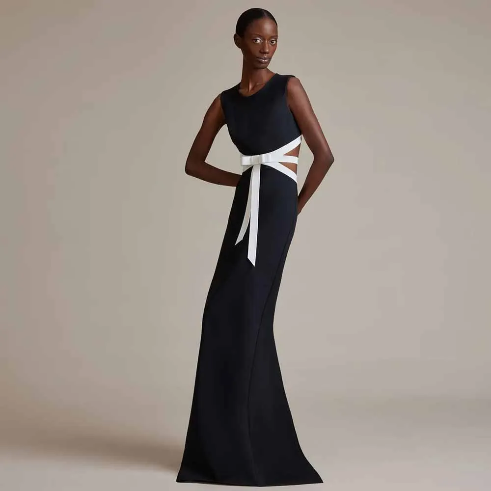فساتين سهرة نسائية عصرية 2025 قماش كريب حورية البحر/حفلات البوق فساتين سوداء برقبة دائرية وفيونكة بدون ظهر فساتين المشاهير طويلة #1
