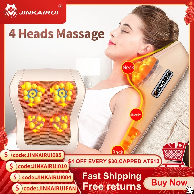 

Jinkairui 4 Heads Electric Neck Back Lumbar Cervical Massage Pillow Vibrating Shiatsu with Infrared Heated Car Home Dual Use