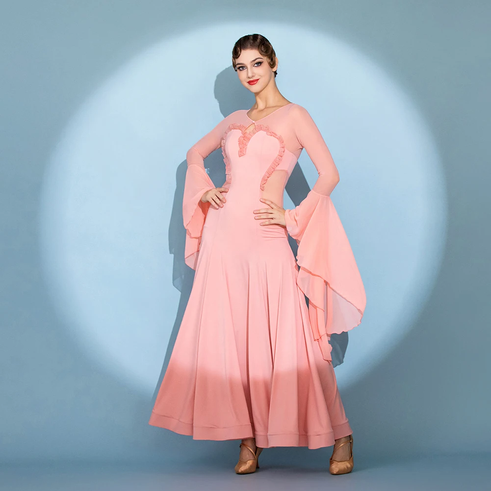

Woman Ballroom Dress Long Sleeve Standard Dance Competition pink Stage Costume Practice Flying Sleeve Elegant Chiffon Waltz