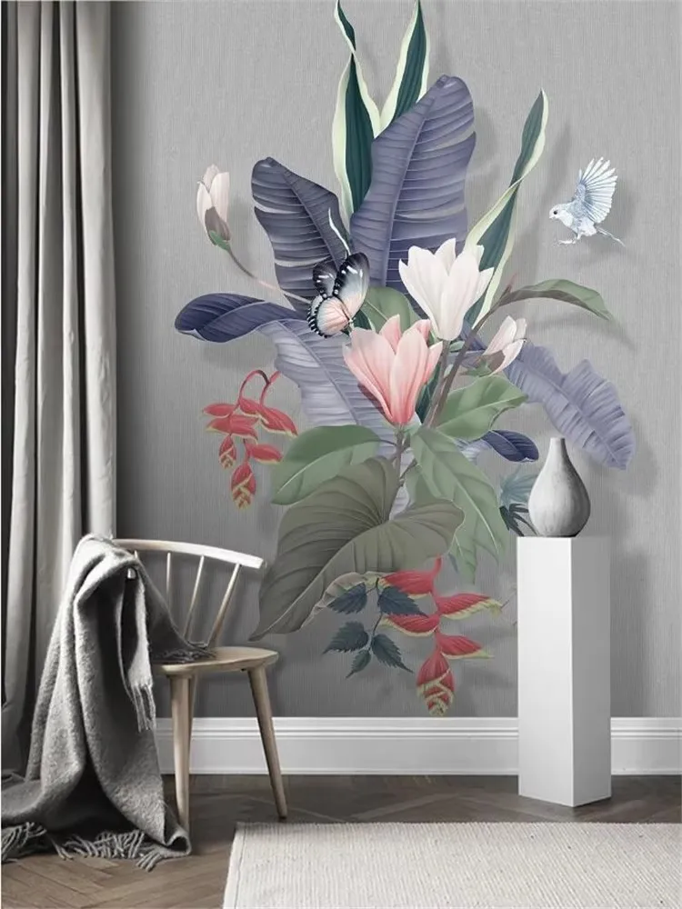 Custom wallpaper 3d large mural Nordic hd hand-painted small fresh tropical plants magnolia bird background wall Relief flowers