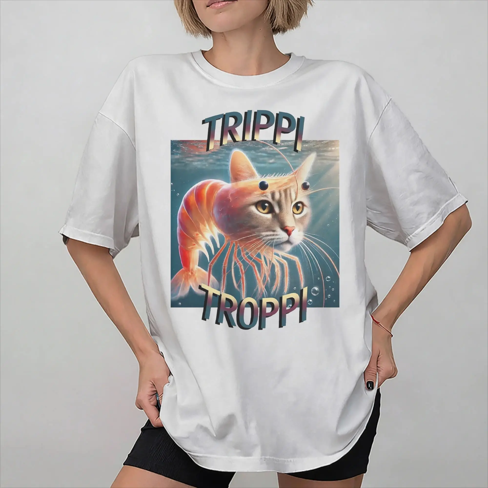 Trippi Troppi Cat Shrimp Graphic T Shirt Men Women  Pure Cotton  Tee Shirt Clothing