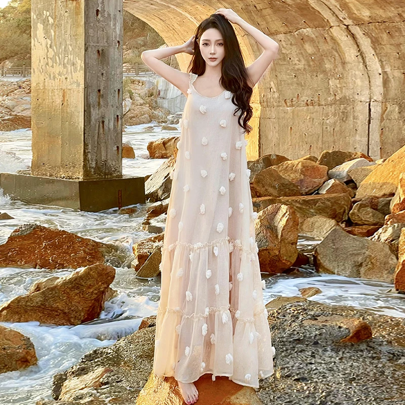 

French Romantic Floral Loose Lazy Slimming Strap Mermaid Long Vacation Dress
