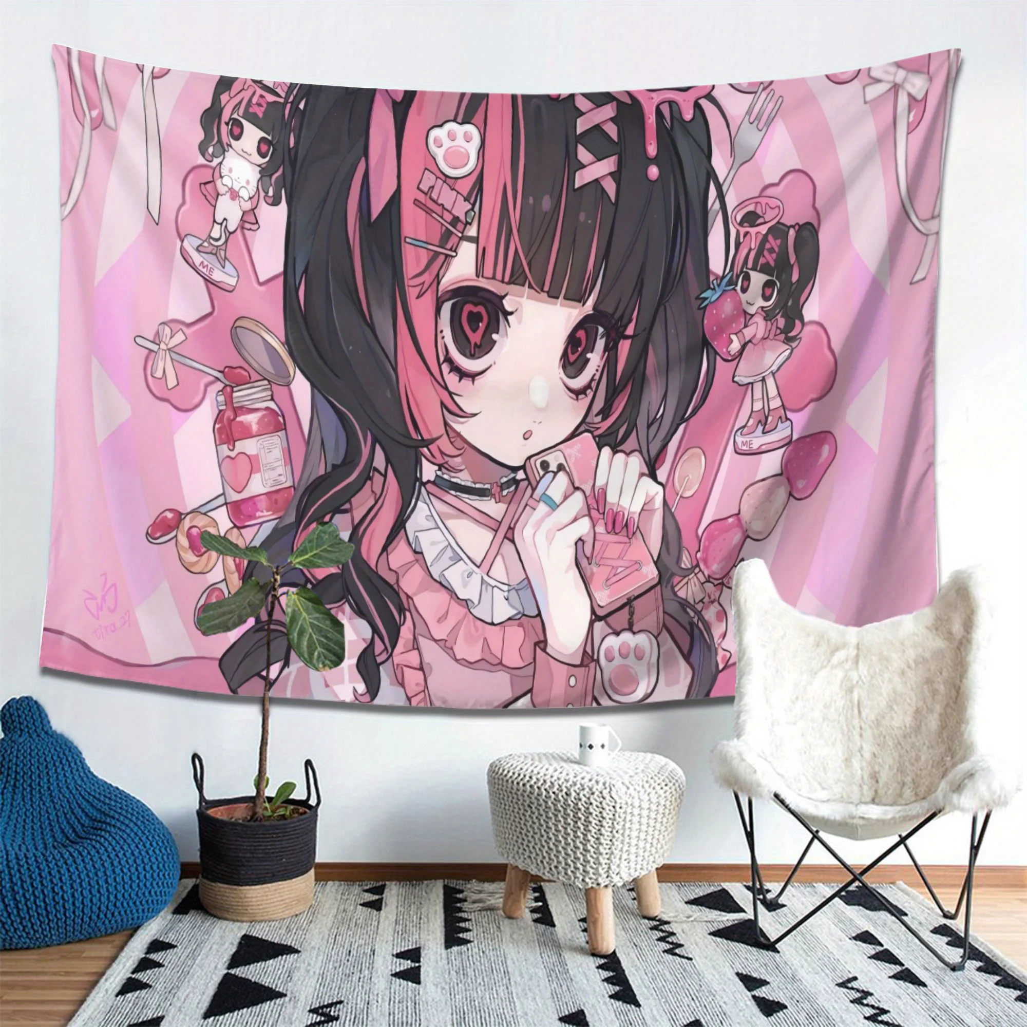 Cute Anime Girl with Pink And Black Hair Print Design Tapestry for Living Room Bedroom Office Home Decor And Party Wall Hanging