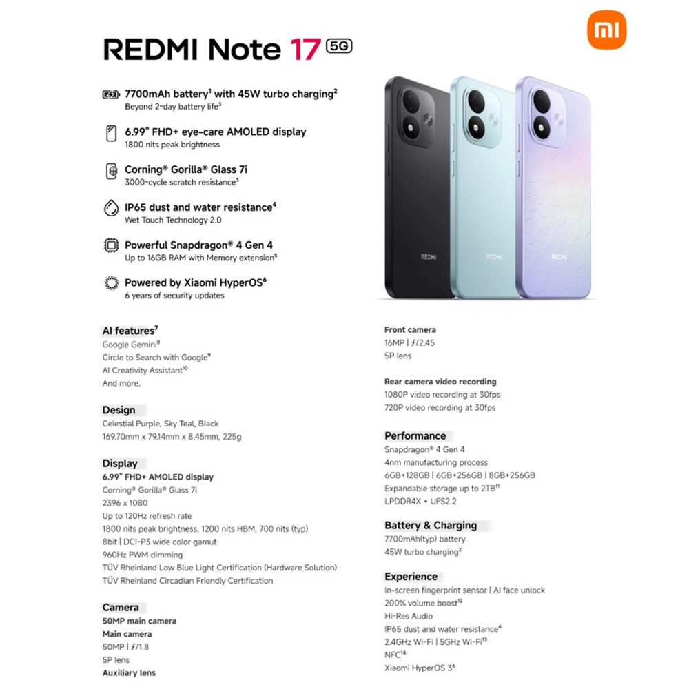 Versión Global REDMI Note 17 5G NFC Smartphone, Pantalla AMOLED FHD de 6.99′ con Protección Ocular, Potente Snapdragon 4 Gen 4, Desbloqueo Facial por IA, Teléfonos Móviles 3