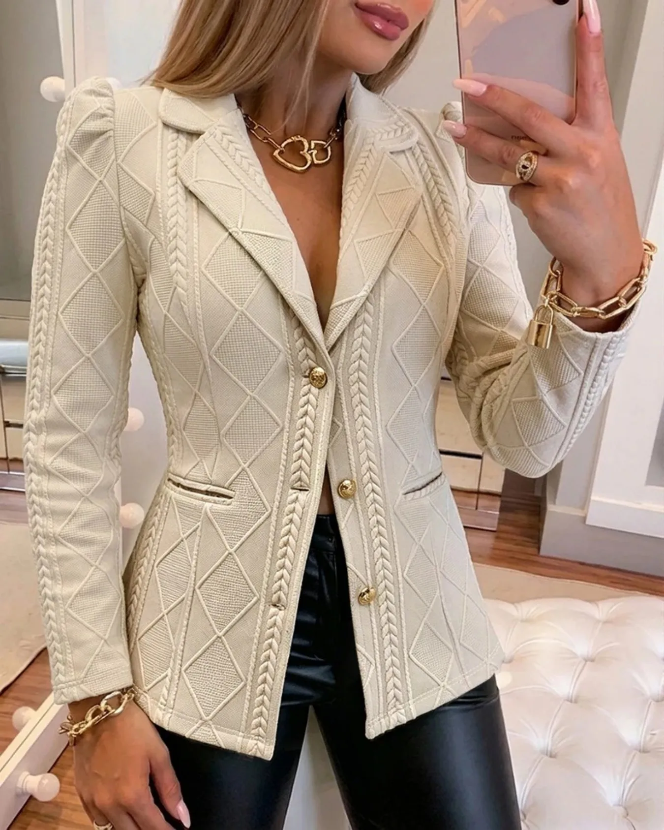Ladies Elegant Solid Color Knitwear Texture Long Sleeve Suit Jacket Sophisticated Fashionable Women's Outerwear