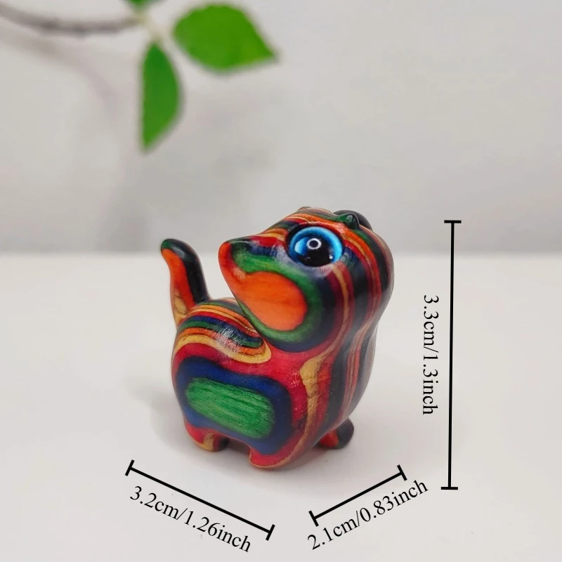 Rainbow Carved Curious Cat Figurine Handheld Piece Car Ornament Creative Birthday Gift Cute Wooden Animal Miniatures Home Decor