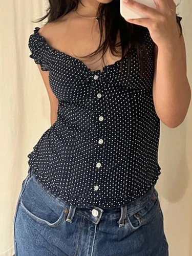 Imagen 1 del producto Camiseta azul marino de lunares, blusa para mujer con volantes y cuello en V, camisetas con pliegues y una botonadura, camisa ajustada Vintage dulce de verano con mangas abullonadas