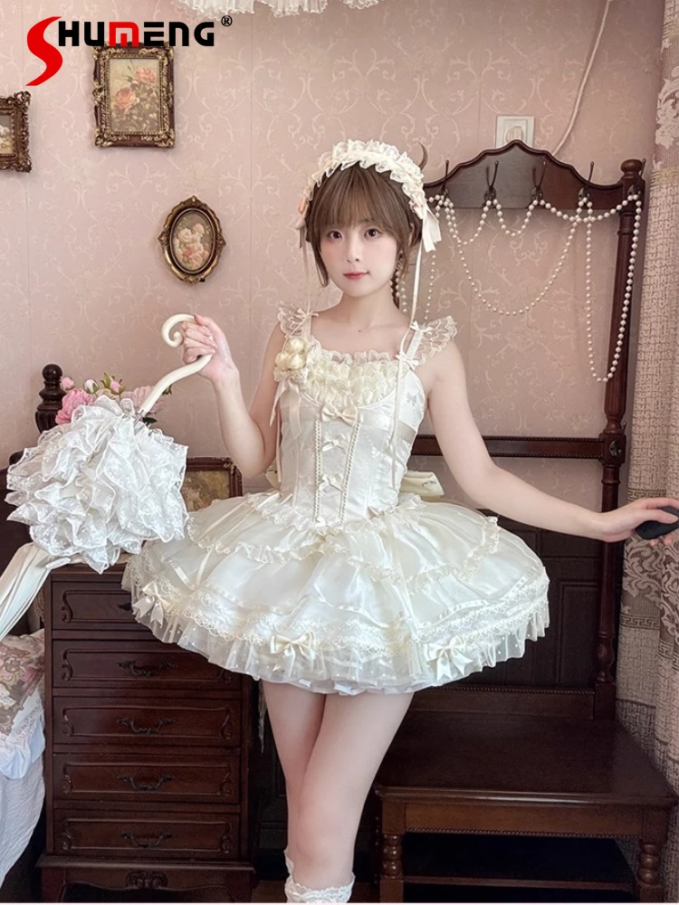 

Original Elegant Sweet Princess Birthday Party Dress Sleeveless Square Neck 3D Flower Bow Tailing Kawaii Lolita JSK Dress Women