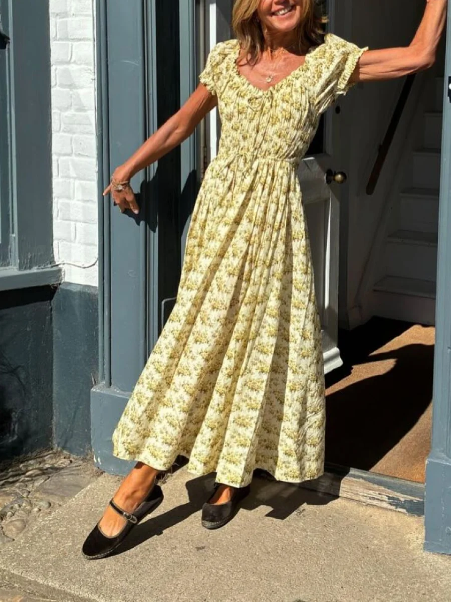 

Женское длинное платье с цветочным принтом, новинка 2025 года, повседневный свободный хлопковый халат с круглым вырезом и пышными рукавами и эластичной резинкой на талии