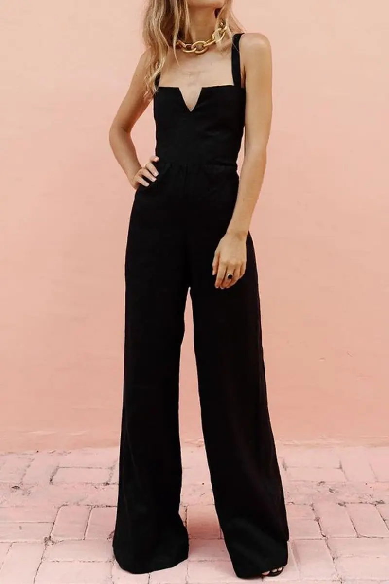 

2023 Black Office Lady Women's Wide Leg Loose Sexy Deep V-Neck Sleeveless Backless Fashion Simple Women Spaghetti Strap Jumpsuit