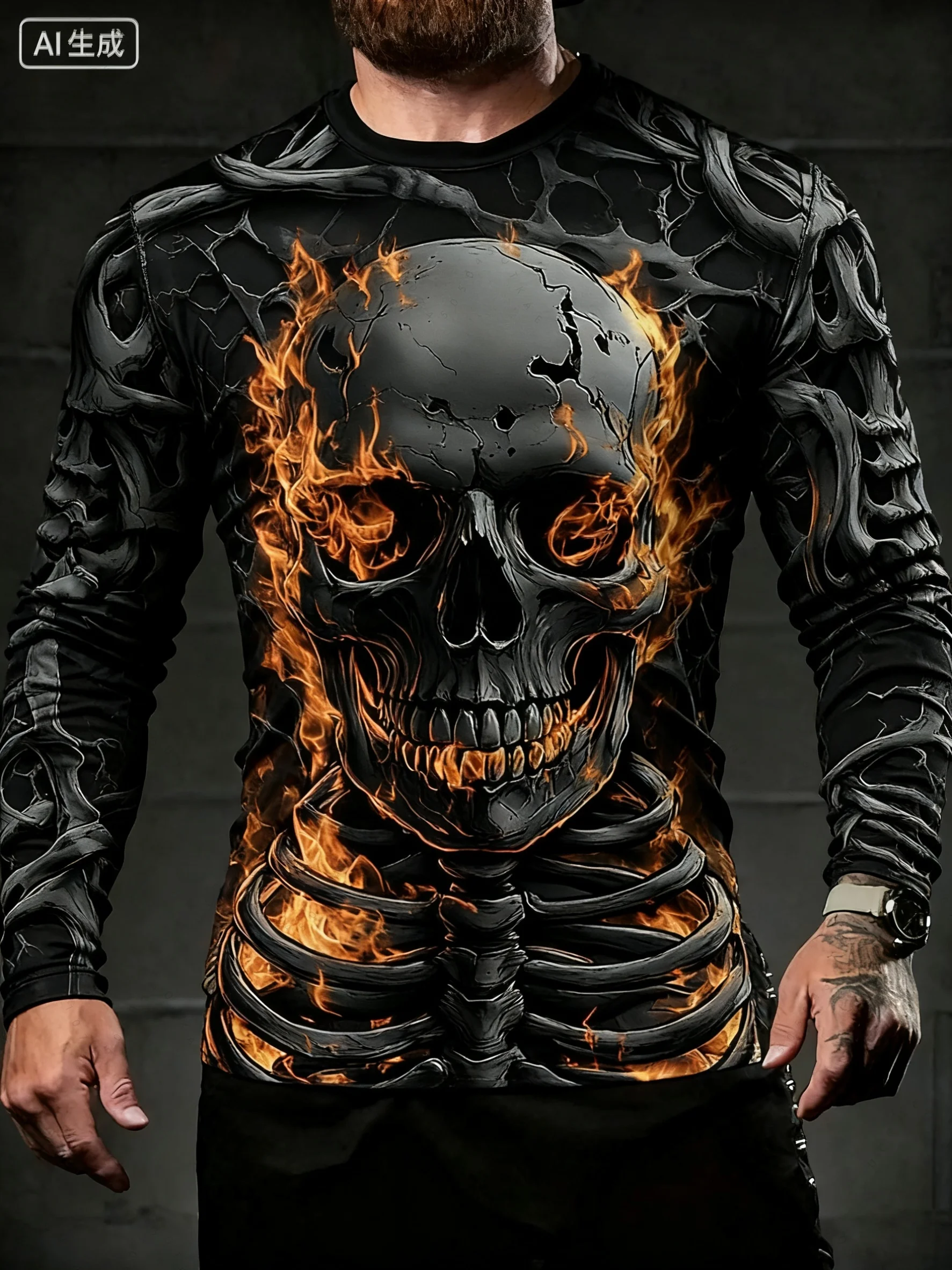 2026 هالوين الهيكل العظمي طباعة كم طويل تي شيرت للرجال القوطية العصرية الشارع الشهير بلايز عادية هالوين حفلة تيز خريف شتاء #2