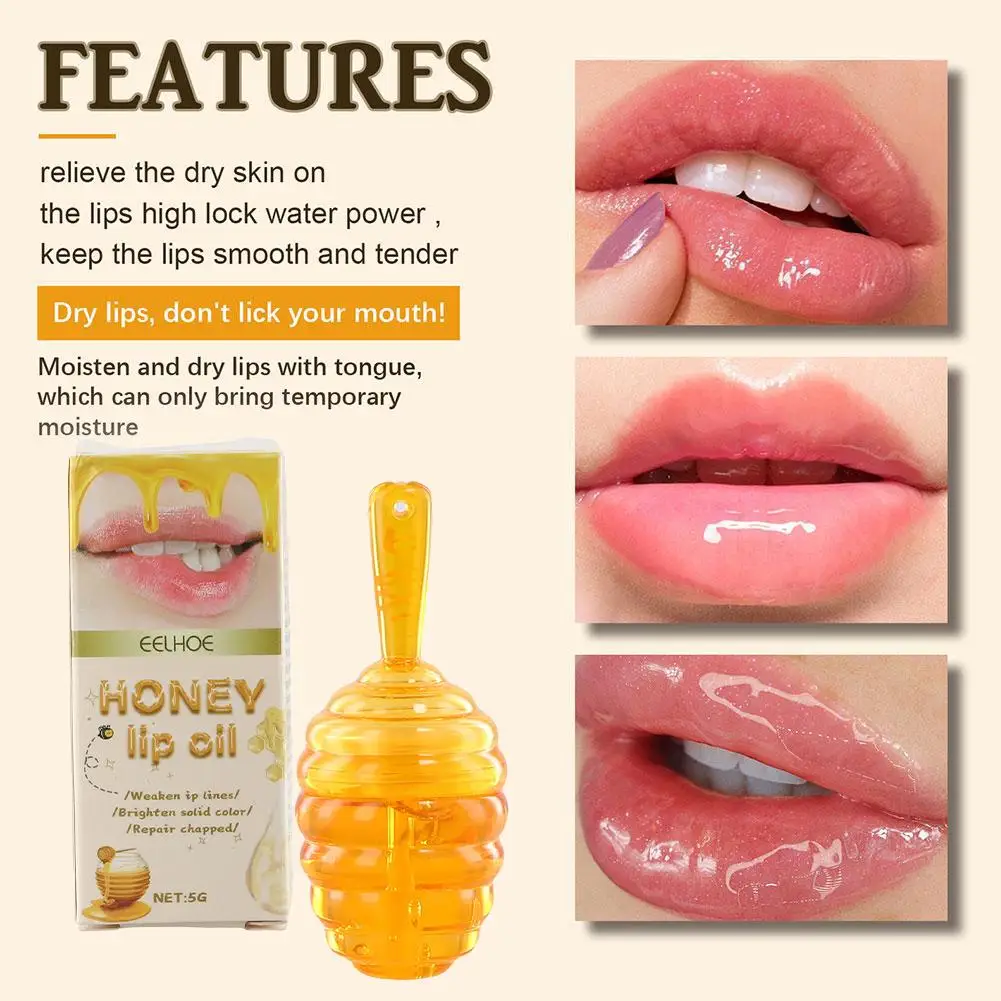 Honey Lip Oil Hydrating Overnight make Up Lip Balm Moisturizing Gloss Shiny Plumping reduces lip lines Lip Skin Care 5g