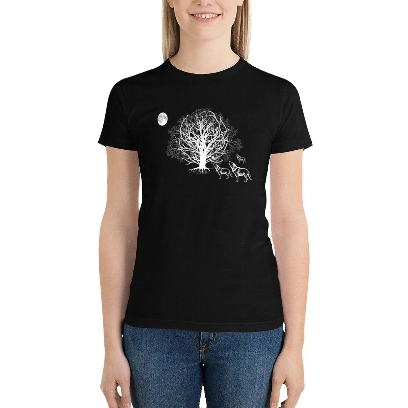 Wolves Howling to the Moon near a White Tree T-Shirt sublime graphics cotton t shirts Women