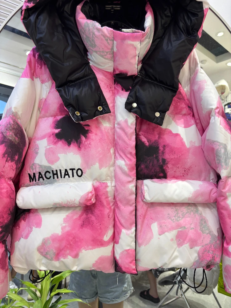 Piumino da strada alla moda Abbigliamento invernale da donna 2025 Nuovo vintage Y2k stampato con cappuccio sciolto piumino d'anatra bianca Abbigliamento esterno
