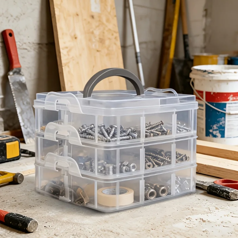 1 PCS Transparent Storage Box Three-Layer 18 Grid Cover Handle Transparent Tool Storage Box Suitable for Classifying Screws Nuts