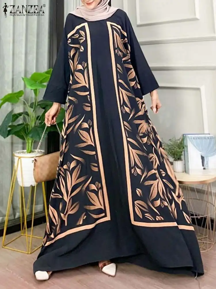 ZANZEA-Robe Maxi Longue Style Bohème pour Femme Musulmane, Abaya, Hijab, Éducatif, Dubaï, Turquie, à Manches sulf, Kaftan Imprimé, à la Mode