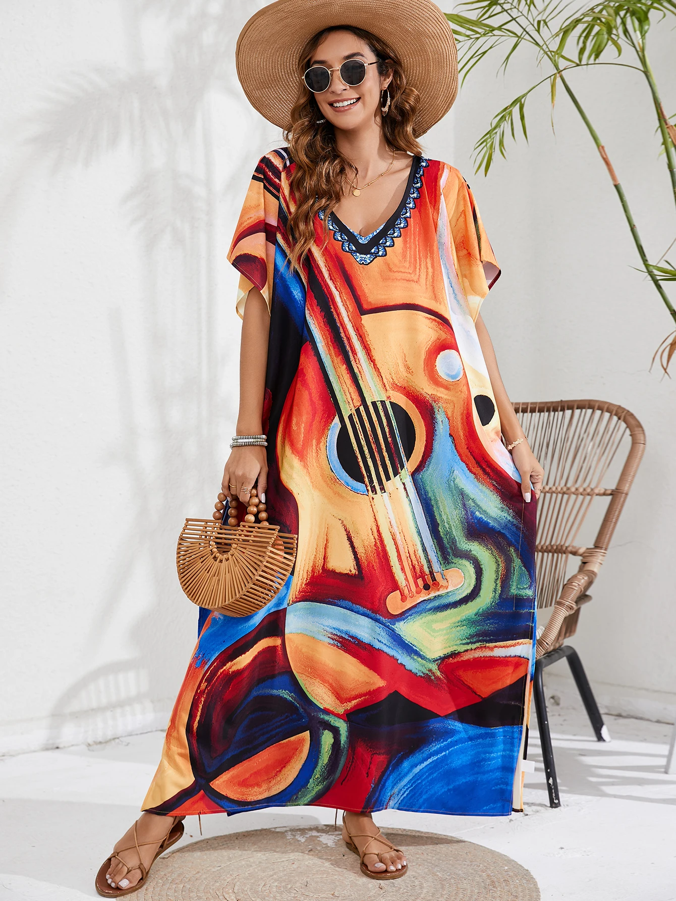 Boho Women Kaftan Dress Colorful Music Instrument Abstract Print V Neck Long Maxi Robe, Loose Side Split Beach Coverup for Vacat