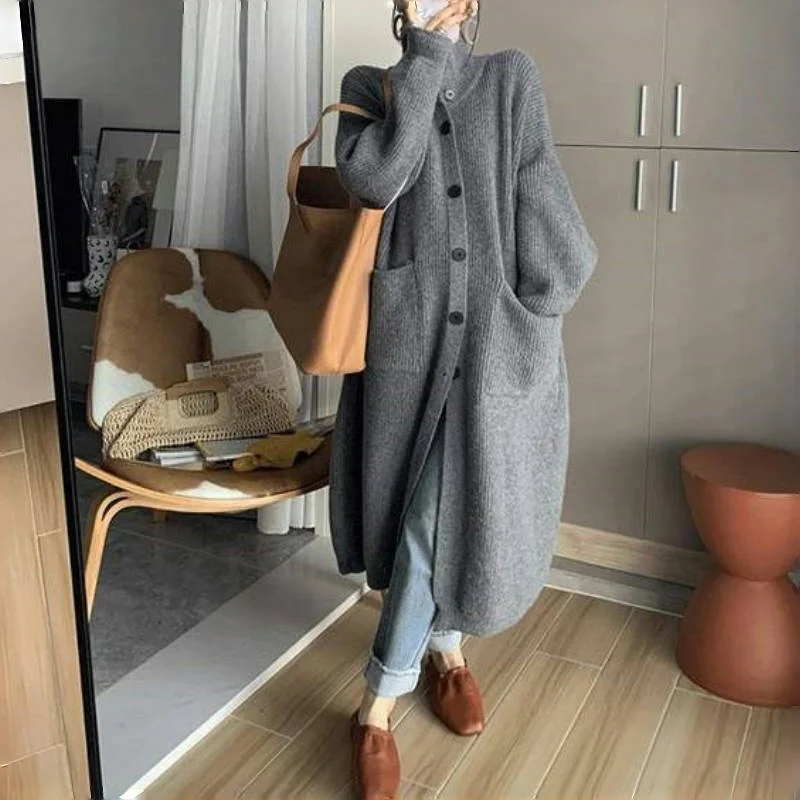 Autumn and Winter Women\'s Knitted Cardigan Casual Single-breasted High Collar Double Pocket Knit Sweater Jacket Long Sweater