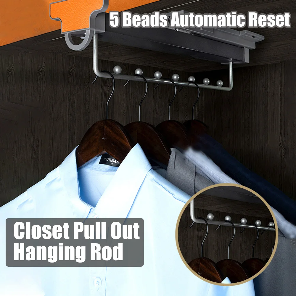 

Closet Pull Out Hanging Rod Adjustable Foldable Metal Hanging Rail 5 Beads Automatic Reset Pull-Out Clothes Storage Rod