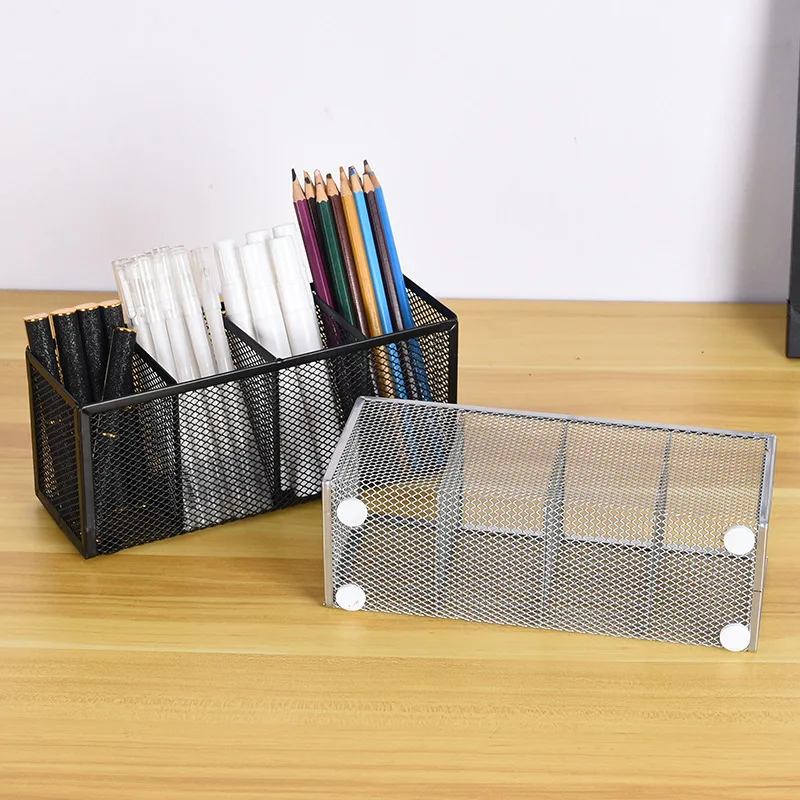 4 Compartments Metal Mesh Pen Holder Desk Organizer Pencil Holder Pen Storage Box For Home Office School Students Office Workers