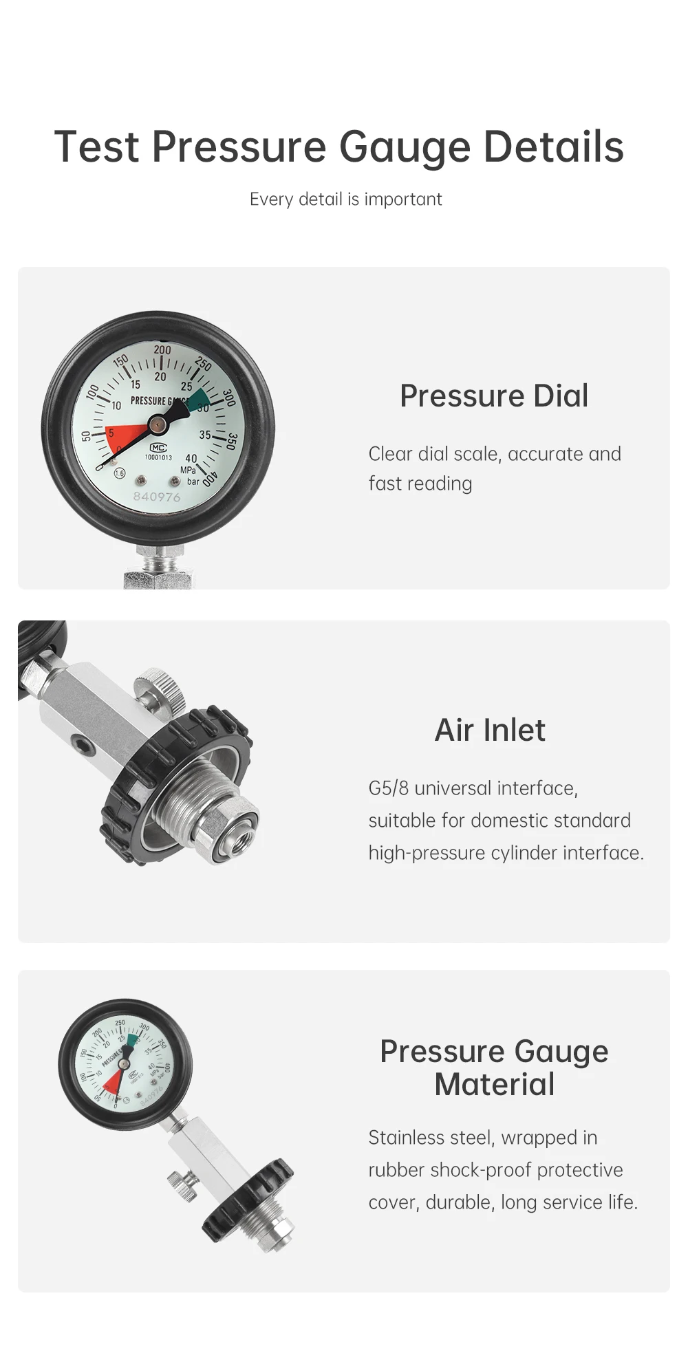 Scuba Choice G5/8 Gewinde für DIN-Tank Druckprüfer 5800 PSI/400 BAR Manometer, Langlebiges Edelstahl-Tauchventil-Zubehör – Detail 7