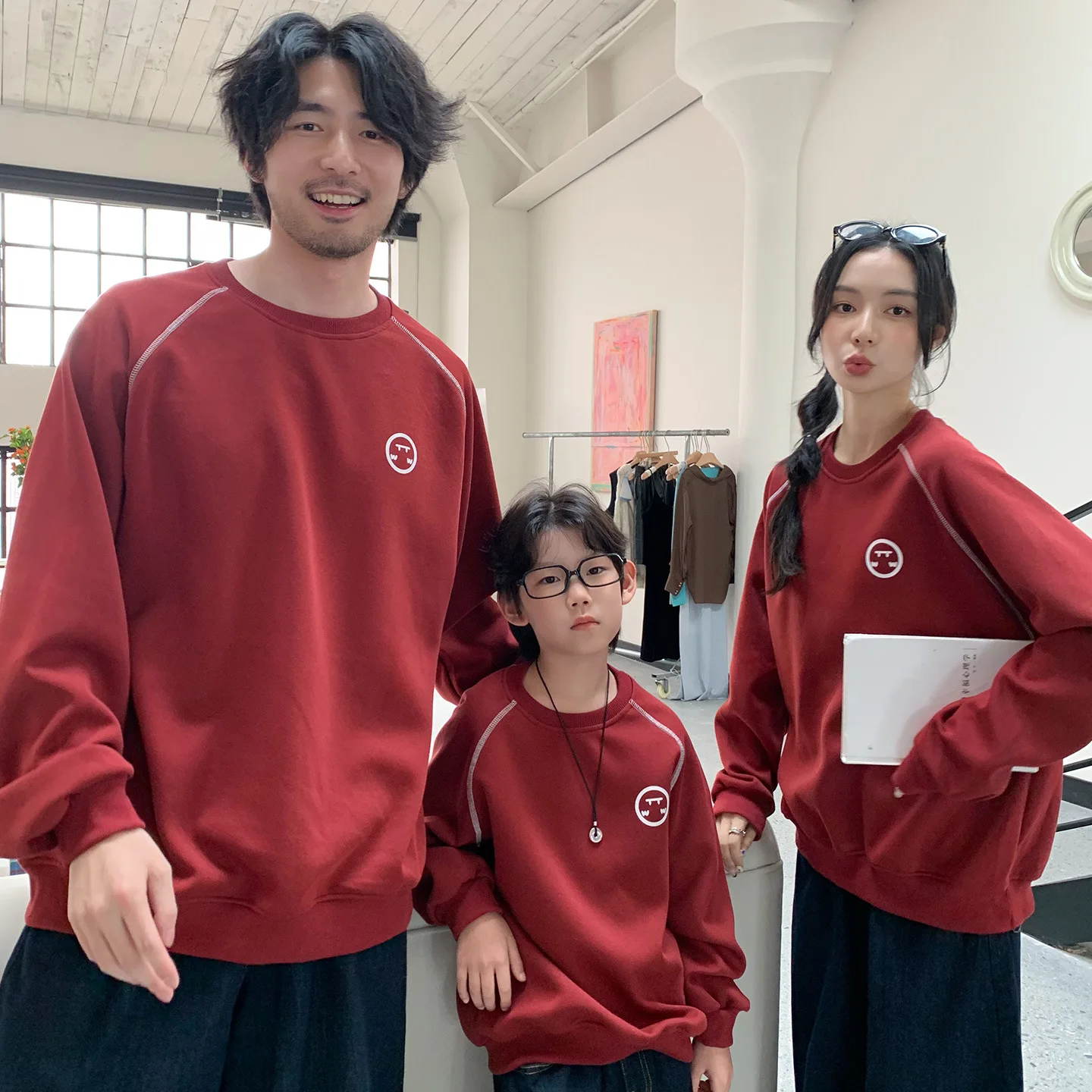 Family Matching Outfits Wine Red Sweatshirt Mother Father Son Daughter Family Look Loose Top Spring Autumn Parent Child Outfit