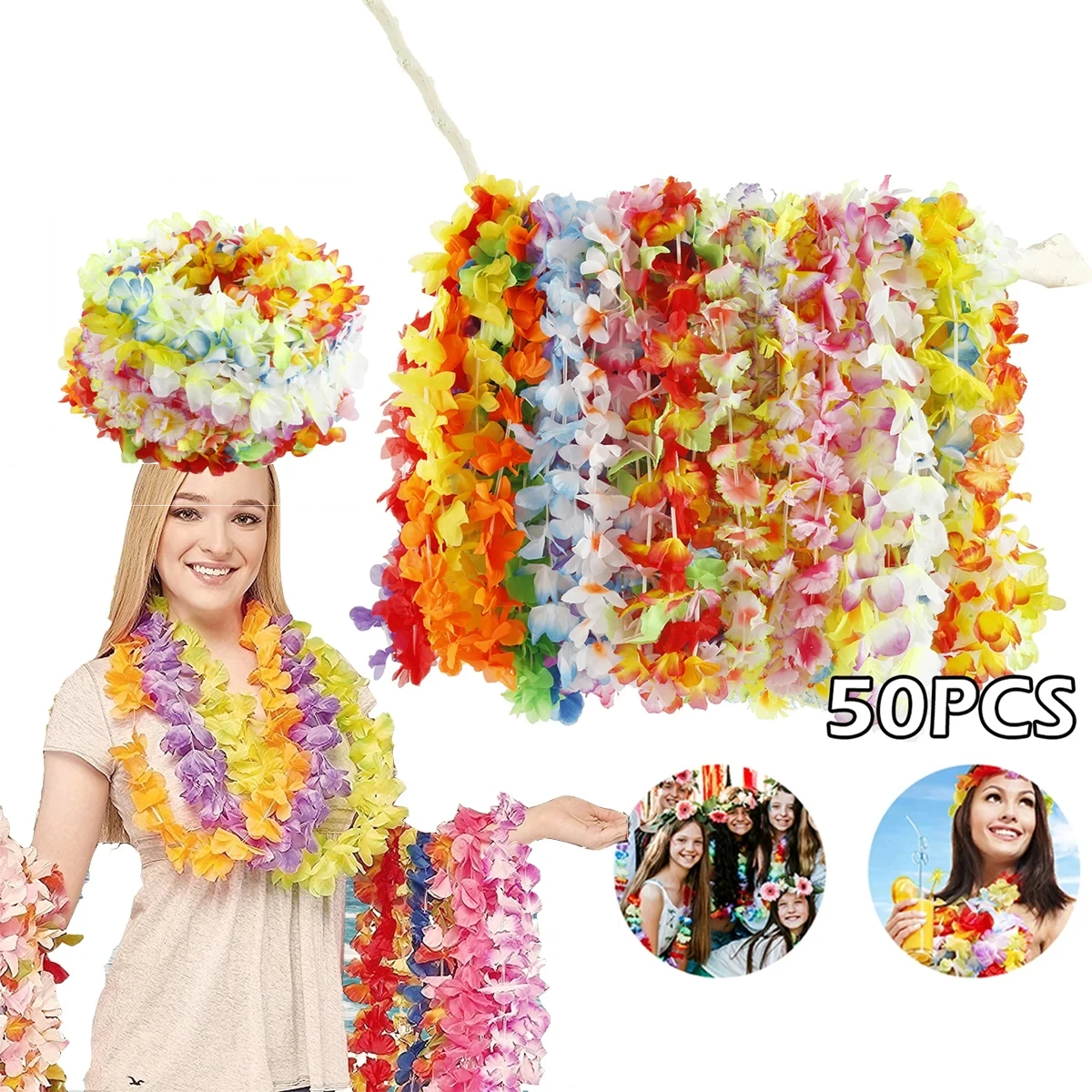 50Pcs Hawaiian Party Flower Garlands Color Garland Necklace Tropical Beach Party Decoration Props