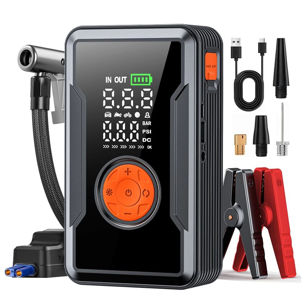Portable Car Jump Starter with Air Compressor 4 In 1 Emergency Power Supply 150PSI Tire Inflator 14.8V Power Bank with LED Light