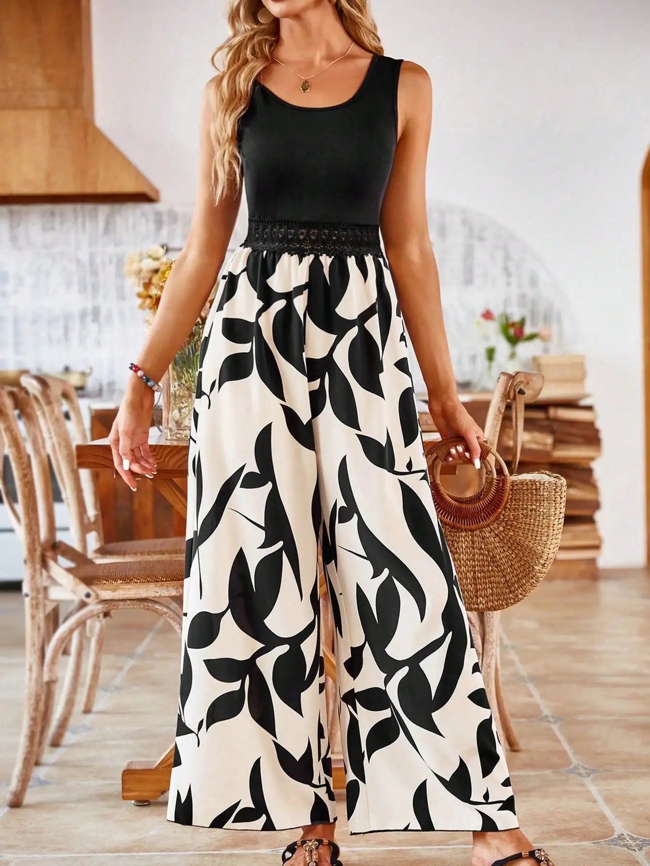 Women's Sleeveless Lace Patchwork Elegant Jumpsuit 2026 Summer New Fashion O-neck Casual Vacation Wide Leg Long Pant Jumpsuit