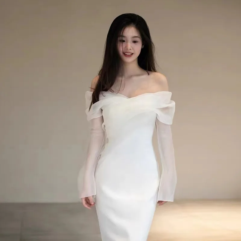 Giyu-vestido de novia elegante con hombros descubiertos, traje de sirena, Trompeta coreana, longitud hasta el suelo, para sesión de fotos