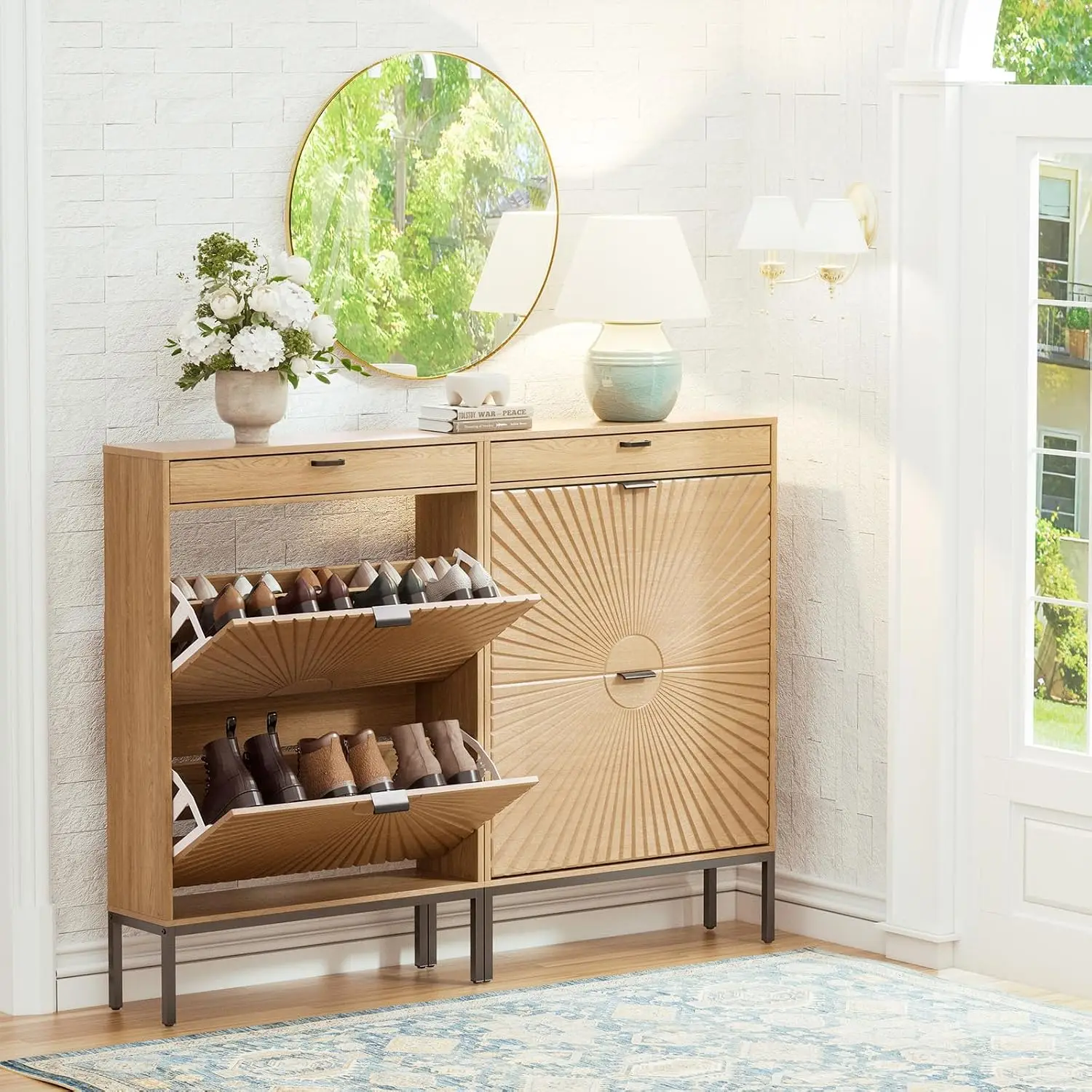 Shoe Cabinet Sun Pattern Doors 2 Flip Drawers Hidden Organizer Small Drawer Entryway Living Room Hallway Light Beige, Customized
