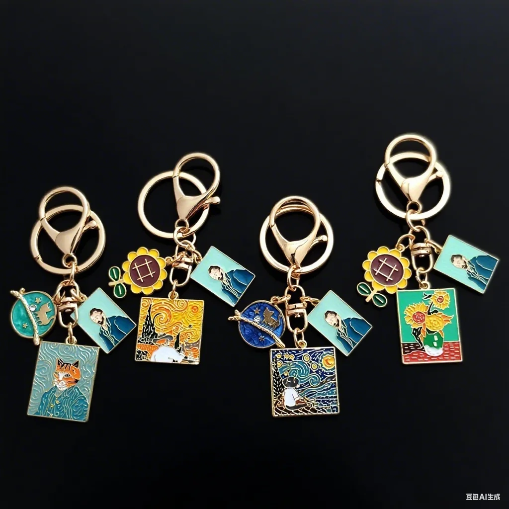 Von Gogh inspirierte Kunst-Schlüsselanhänger-Charms, Sonnenblumen- und Porträt-Emaille-Schlüsselanhänger, verschiedene Malerei-Designs, ideales Geschenk für Kunstliebhaber – Detail 1
