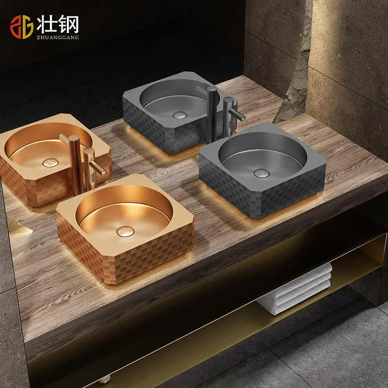 

Художественный дизайн, мозаика, раковина из нержавеющей стали 304, высококачественная раковина на столешнице, роскошная раковина для ванной комнаты, 410*410*160 мм, матовое розовое золото