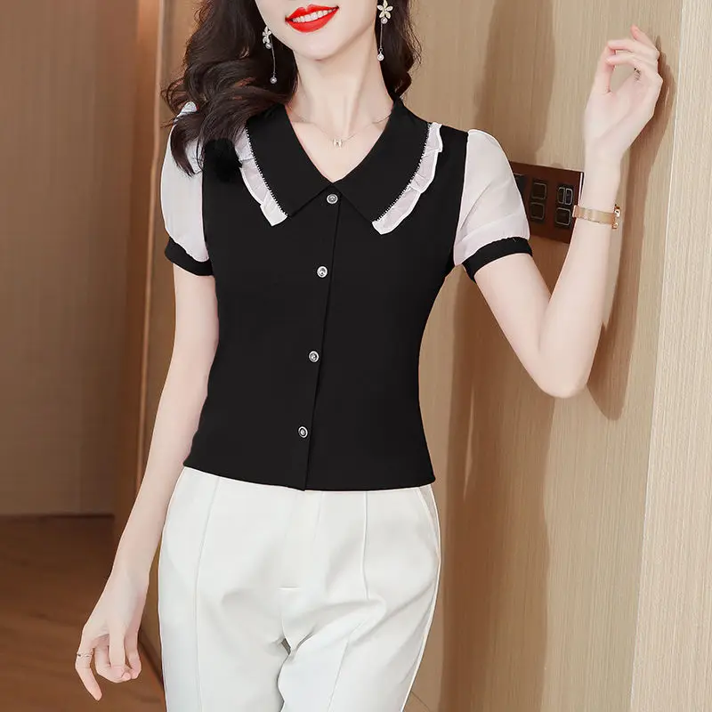 2023 New Summer Fashion Trend Doll Neck Panel Button Western Versatile Commuter Fleece Covering Short Sleeve Women's Shirt