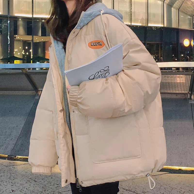 Women Thick Bread Jacket Short Down Cotton Parkas Overcoat Korean Style Loose Winter 2024 New Fake Two-piece Hooded Tops Coats