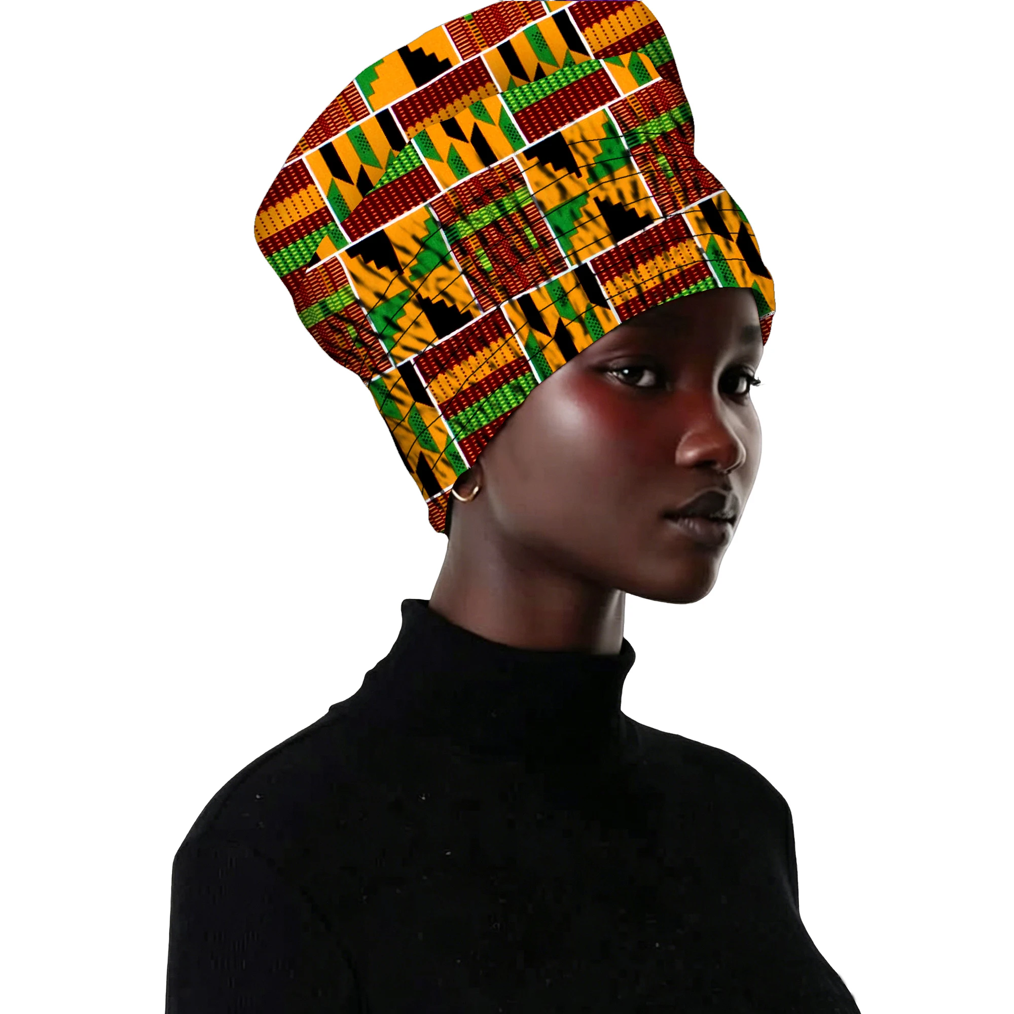 African Kent printed elastic head scarf, Ankara head scarf hat, traditional ethnic headwear, unisex WYB1096