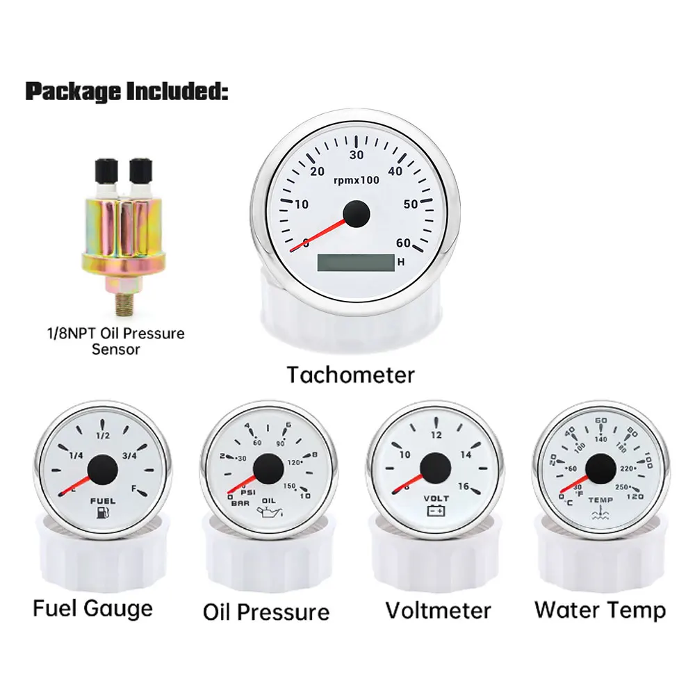 

5 Gauge Set + Oil Pressure Sensor 85MM 6k Tachometer + 52MM Water Temp Oil Pressure Fuel Level Meter Voltmeter 7 Color Backlight