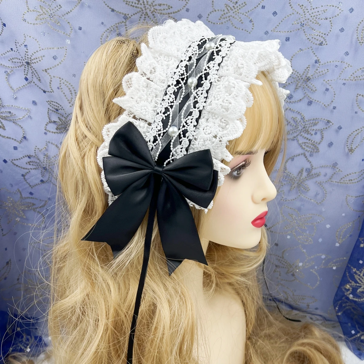 Forcina per capelli larga in pizzo da donna barocca Lolita fascia per capelli con fiocco laterale in raso senza Clip a becco d\'anatra accessori per