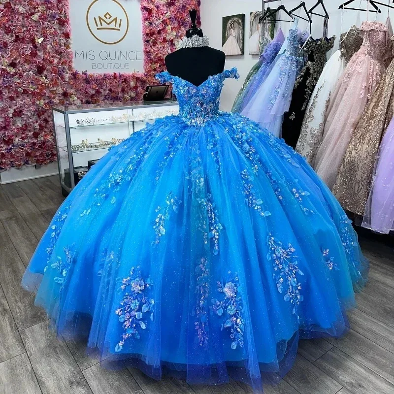 Angelsbridep Off-Shoulder Ball Gown Quinceanera Dresses Vestidos De 15 Anos Luxury 3D Flower Lace Birthday Princess Party Gowns