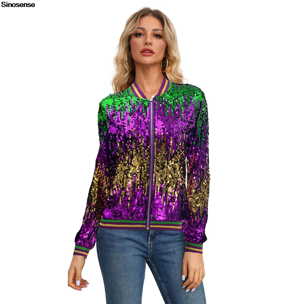 Womens Sequin Bomber Jacket Glitter Sparkle Blazer Long Sleeve Front Zip Up Jackets Y2K Going Out Night Club Party Outwear Coats