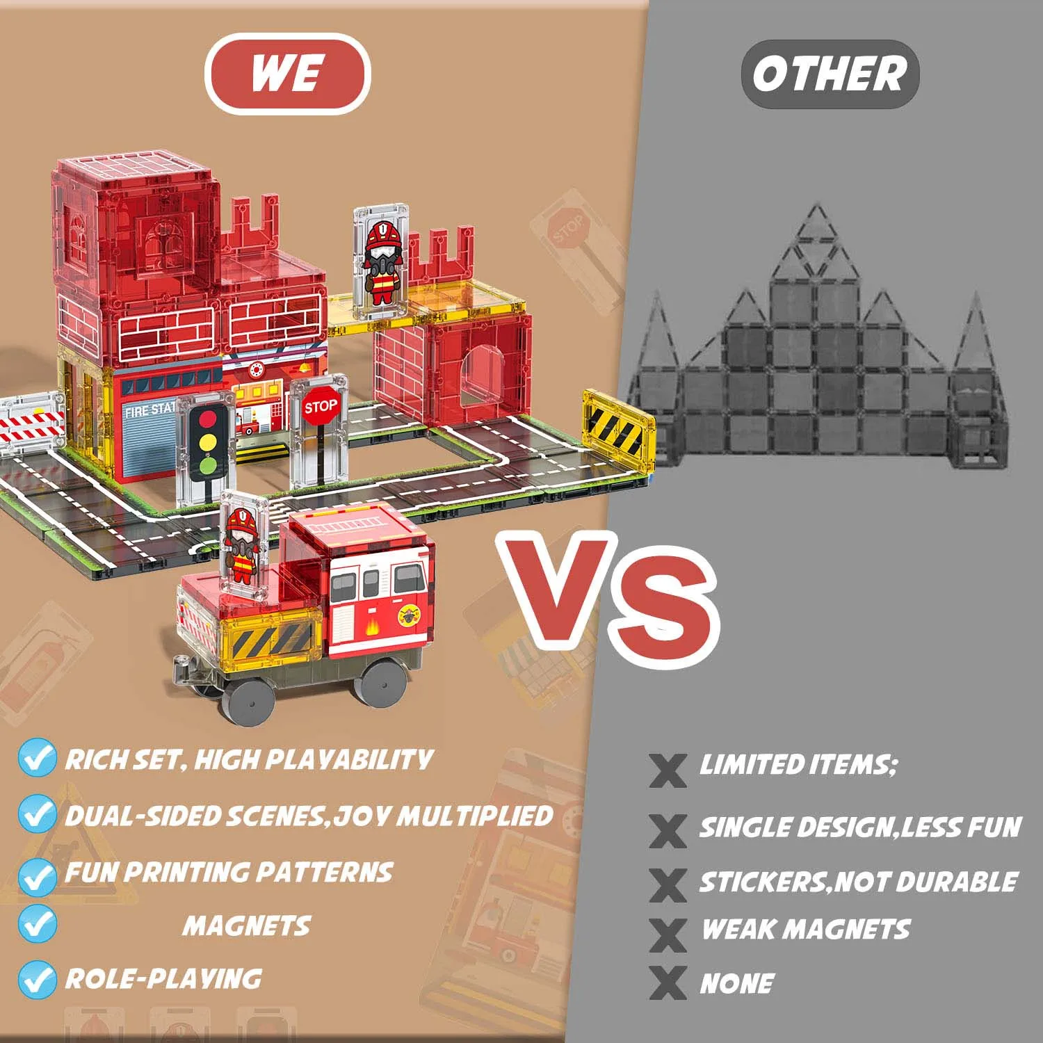 ชุดตัวต่อแม่เหล็กธีมความปลอดภัยด้านไฟฟ้าสำหรับเด็ก ชุดถนน ปั๊มน้ำมัน ฉากก่อสร้าง ของเล่นเด็ก ของขวัญวันเกิด