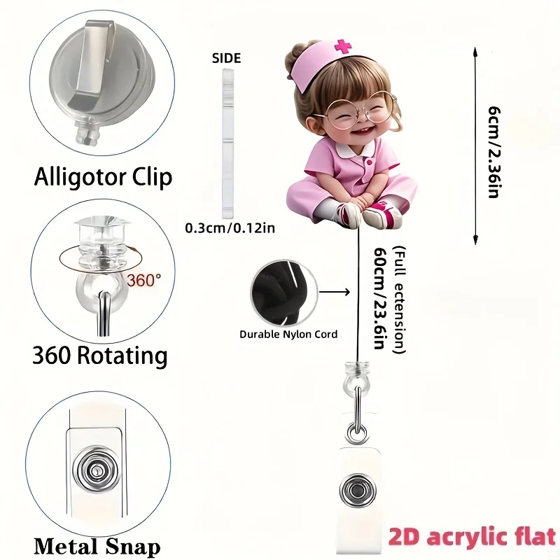 2D Flat, 1pc Cute Nurse Girl with Glasses Pattern Badge Scroll Holder, with Retractable Drawstring, Acrylic Nurse ID Clip