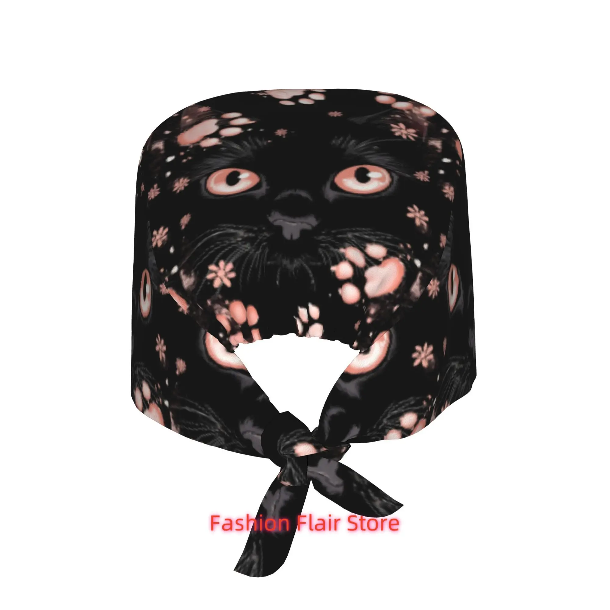 1pc Black Cat Unisex Stylish Printed Work Cap - Lightweight Adjustable Skull Cap Tie-Back Nurse Hat, Dustproof Chef & Cooking Ca
