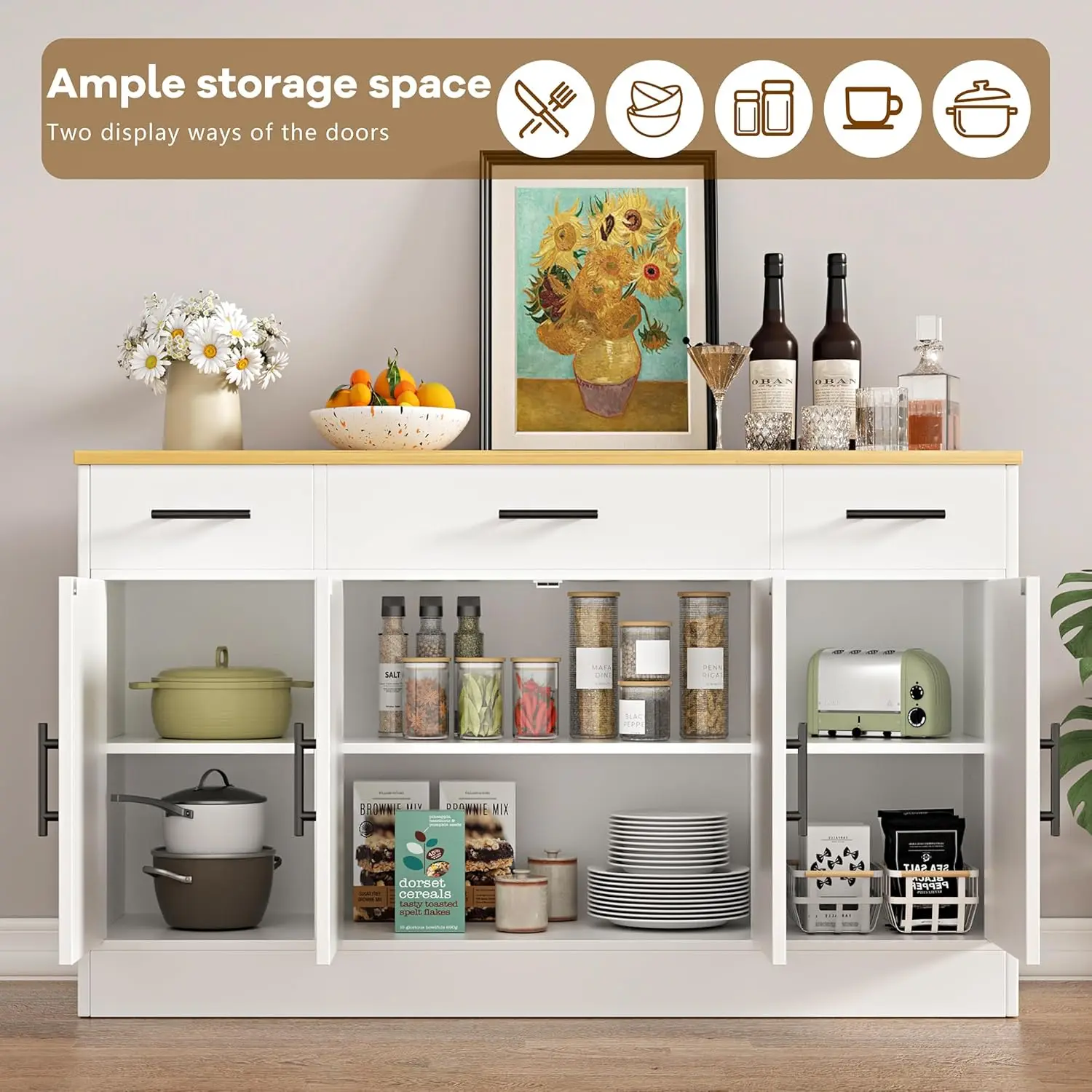 53' Modern Farmhouse Buffet Cabinet with Drawers, White Kitchen Sideboard with Shelves & Doors