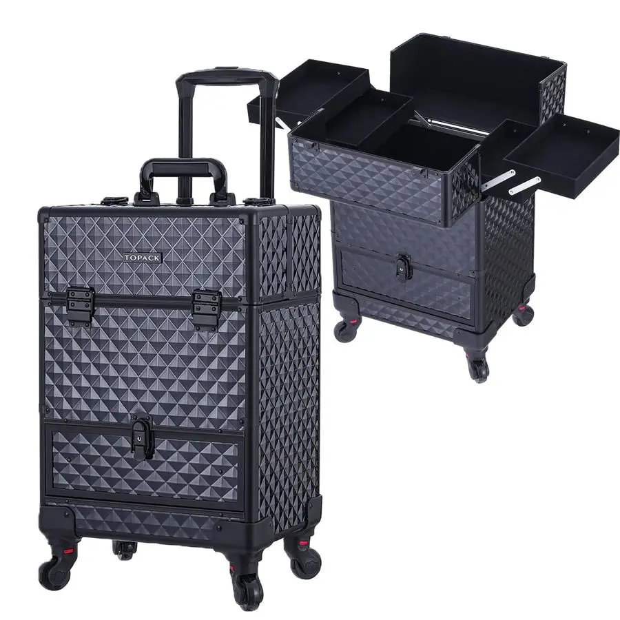 

Rolling Makeup Train Case,360Rotaing Wheel Aluminum Cosmetic Case with Trolley 4Tray for Tattoo Barber Nail Tech Travel Cart Org